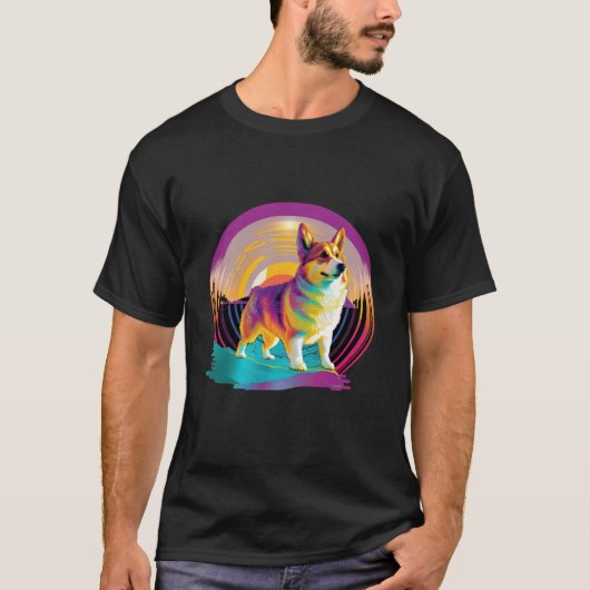 ペンブローク・ウェルシュ・コーギー Synthwave 80年代 レトロウェーブ風 Tシャツ (正面)