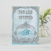ペン素朴フローリッシュアクアグレーヴィンテージウェディング 招待状 (スタンド正面)