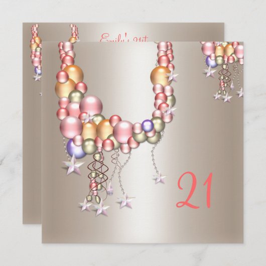 ペーかわいらしターピーチパールスターズ21歳の誕生日 招待状 (正面/裏面)