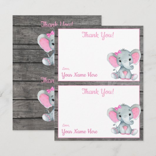 ページごとに２枚　感謝カード　象の女の子　シャワーパーティー 招待状 (正面/裏面)