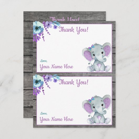 ページごとに2枚のサンキューカーズ゛ 象の女の子シャワー 招待状 (正面/裏面)