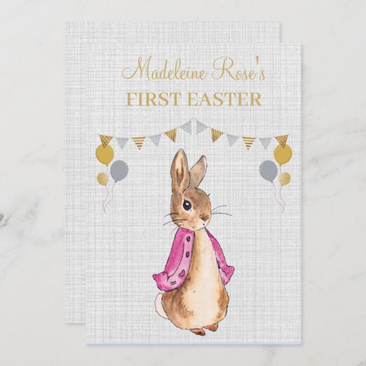 ペーターをパーソナライズうさぎフロッピーファースト・イースター 招待状 (正面/裏面)