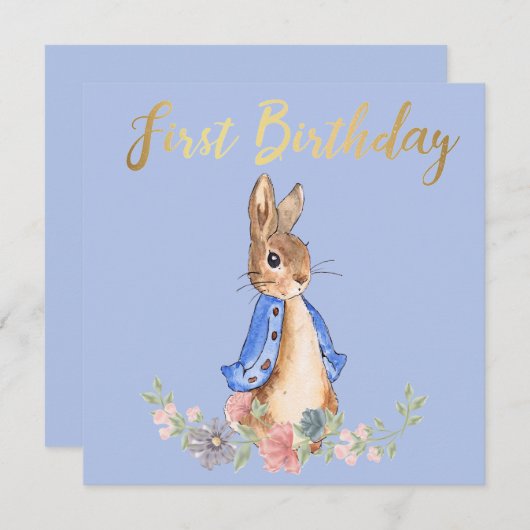 ペーターザラビットウィズ金ゴールドファースト誕生日文字 招待状 (正面/裏面)