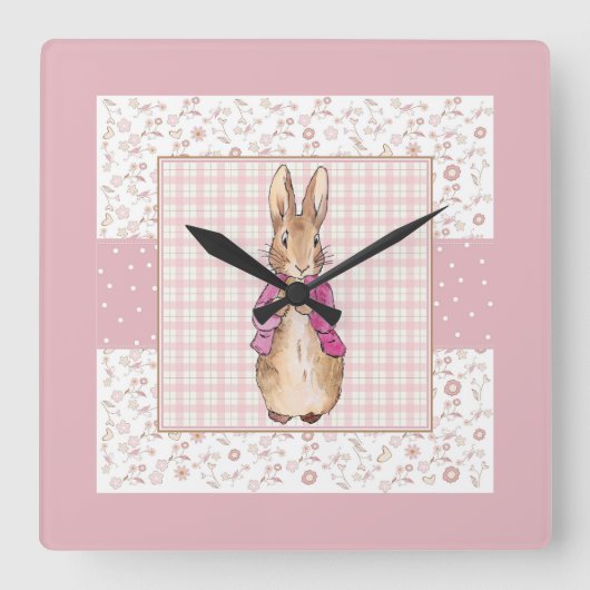 ペーターザラビットチェック&フローラルパターン スクエア壁時計 (正面)