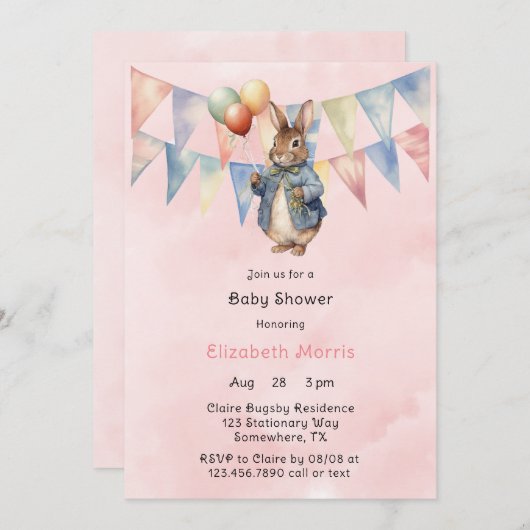 ペーターラビットウォーターカラーベビーガールシャワー 招待状 (正面/裏面)