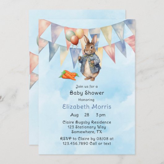 ペーターラビットウォーターカラー男の赤ちゃんシャワー 招待状 (正面/裏面)