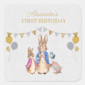 ペーターラビットグレイリネン1st誕生日をパーソナライズ スクエアシール (正面)
