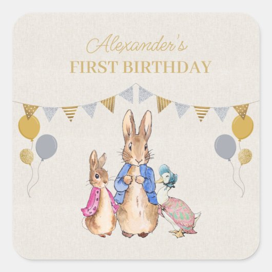 ペーターラビットベージュリネン1st誕生日をパーソナライズ スクエアシール (正面)
