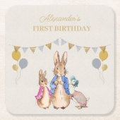 ペーターラビットベージュリネン1st誕生日をパーソナライズ スクエアペーパーコースター (正面)