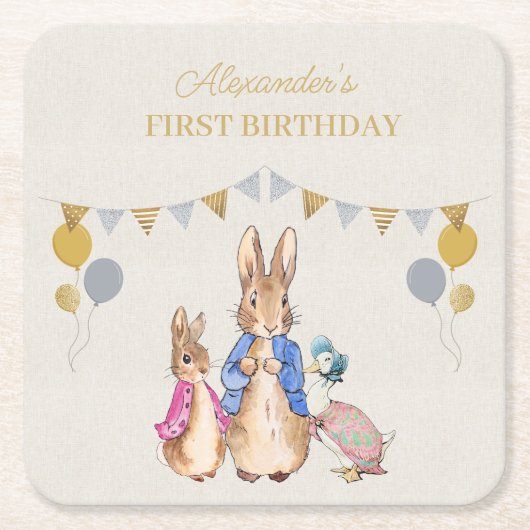 ペーターラビットベージュリネン1st誕生日をパーソナライズ スクエアペーパーコースター (正面)