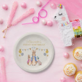 ペーターラビットベージュリネン1st誕生日をパーソナライズ ペーパープレート (パーティー)