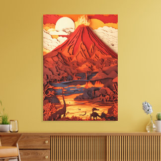 ペーパーカットアートで表現された先史時代の火山風景 キャンバスプリント