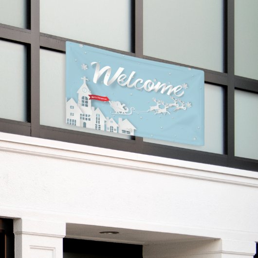 ペーパーカットサンタとトナカイ歓迎クリスマス 横断幕 (ビルの外側)