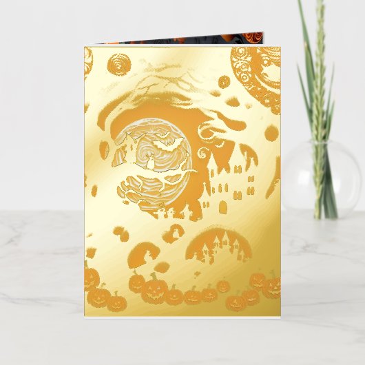 ペーパーカットハロウィーンシーン 箔グリーティングカード (正面)