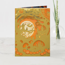 ペーパーカットハロウィーンシーン 箔グリーティングカード