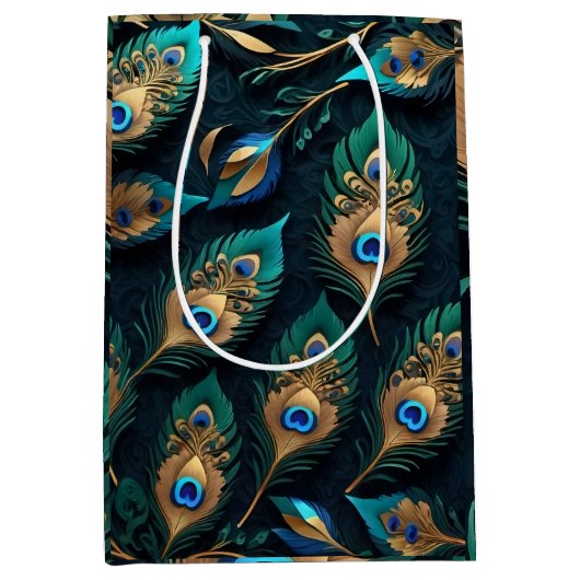 ペーパーカットピーコックの羽毛パターン ミディアムペーパーバッグ (正面)