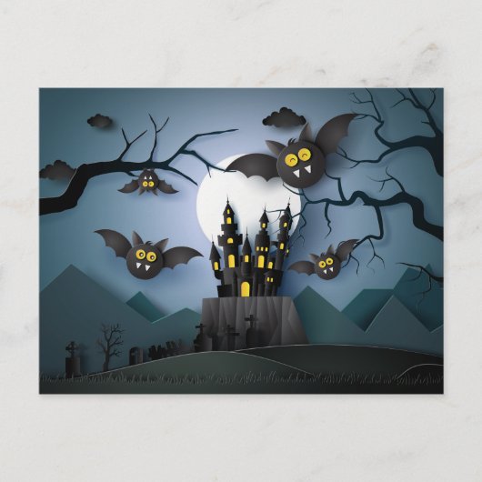ペーパーカット幽霊のよく出る城とこうもり ポストカード (正面)