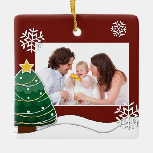 ペーパーカット雪片クリスマスツリーファミリーフォト セラミックオーナメント (正面)