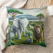 ペーパークラフトのサファリ動物の緑の風景芸術 クッション (ブランケット)