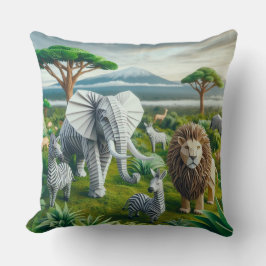 ペーパークラフトのサファリ動物の緑の風景芸術 クッション