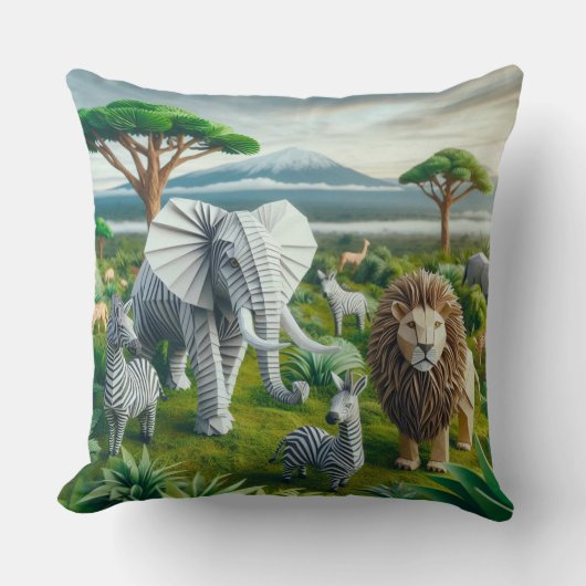 ペーパークラフトのサファリ動物の緑の風景芸術 クッション (正面)