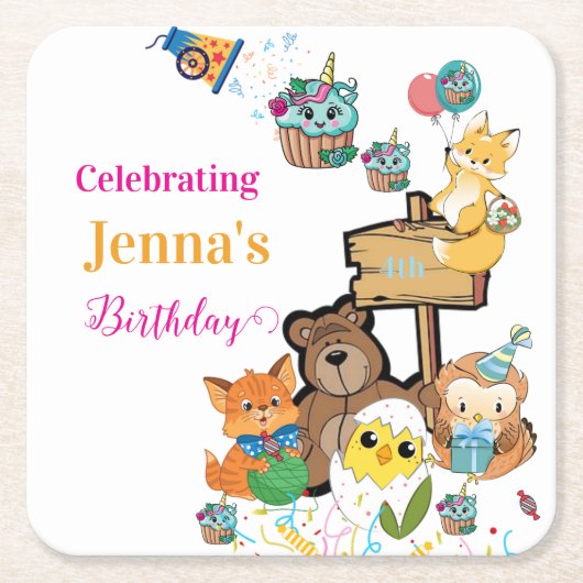 ペーパーコースター お誕生日おめでとう キツネ 熊 ヒヨコ ネコ (正面)