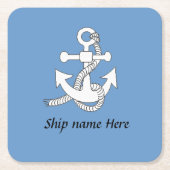 ペーパーコースター-青い船のいかりおよび名前 スクエアペーパーコースター (正面)