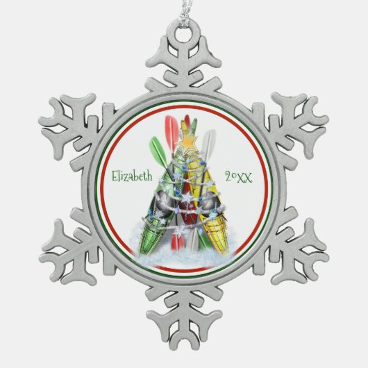 ペーパーソナライズされたターのカヤックのクリスマスの装飾 スノーフレークピューターオーナメント (正面)