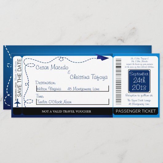 ペーパー平らなFlyinの搭乗券の結婚式招待状 招待状 (正面/裏面)