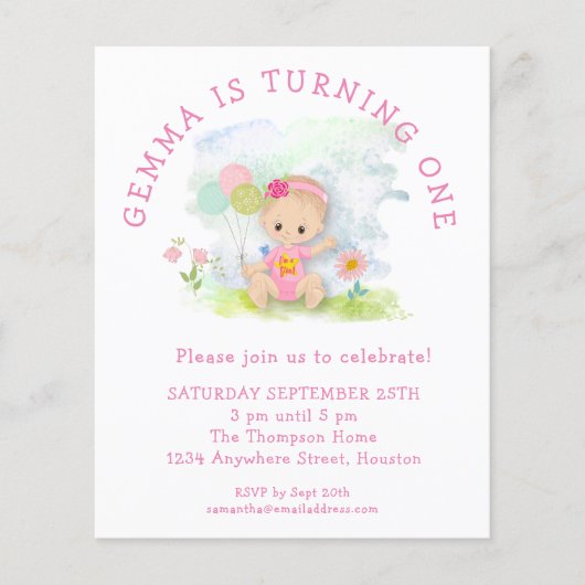 ペーパー |ガールピンク1歳のパーティの招待状 (正面)