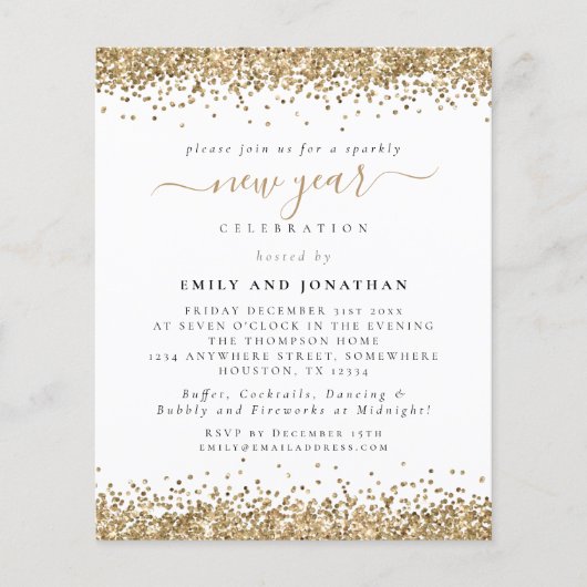 ペーパー |グラム金ゴールドグリッターニューイヤーズ招待状 (正面)