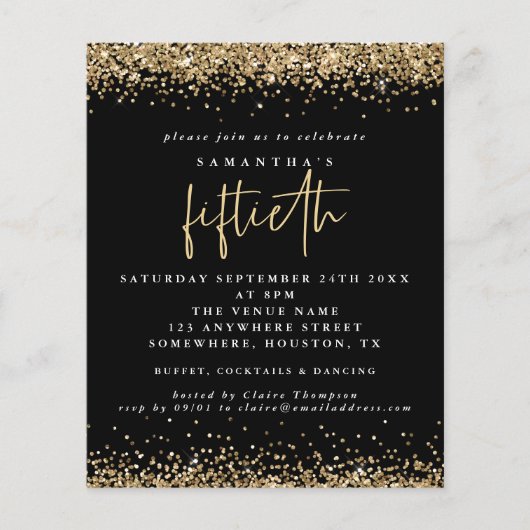 ペーパー |ブラック金ゴールドグリッター50パーティの招待状 (正面)