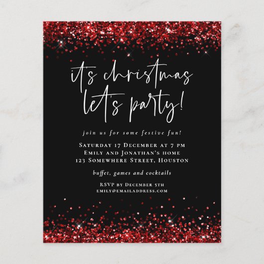 ペーパー |レッドグリッタークリスマスプレゼントパーティー招待状 (正面)
