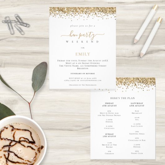 ペーパー |金ゴールドグリッターヘンウィークエンドの旅程招待状