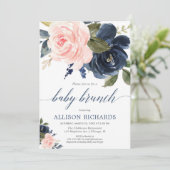 ペールピンクとネイビーブルーの女の子の赤ちゃんのブランチシャワー 招待状 (スタンド正面)