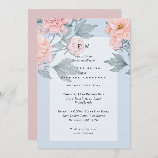 ペールピンクの桃色の芍薬 ウェディング 招待 披露宴 (正面/裏面)