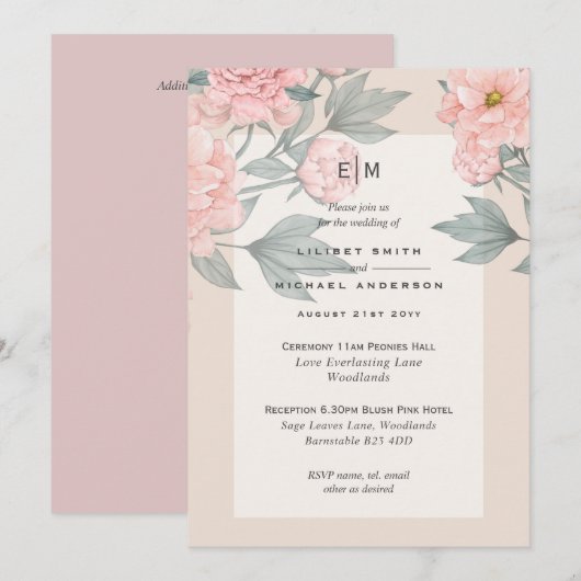 ペールピンクの桃色の芍薬 ウェディング 招待 披露宴 (正面/裏面)