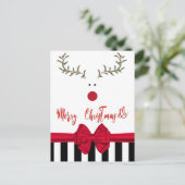 ホイおもしろいイ・ホリー・トナカイの赤い弓のホリデーカード シーズンポストカード (スタンド正面)