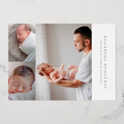 ホイはっきりしたル |写真コラージュベビーの誕生発表 箔招待状 (裏面)