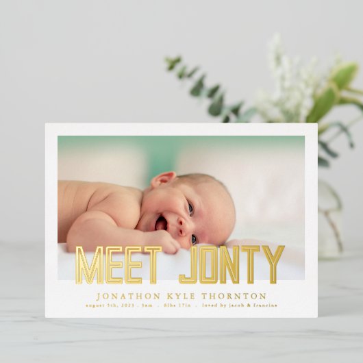 ホイはっきりしたル |写真コラージュベビーの誕生発表 箔招待状 (立ち正面)