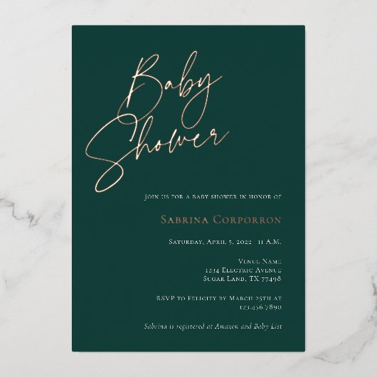 ホイエレガントル男女兼用ベビーシャワー |緑 箔招待状 (正面)
