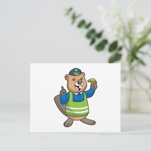 ホイッスルを持つ警察官としてのビーバー ポストカード (スタンド正面)