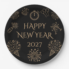 ホイッスルブラックゴールドハッピーニューイヤー2027 ペーパープレート