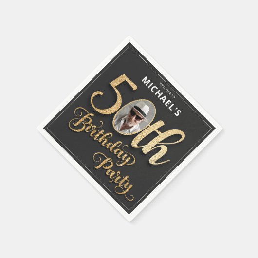 ホイフェイクルカスタムフォトブラック金ゴールド50誕生日 スタンダードカクテルナプキン (角)