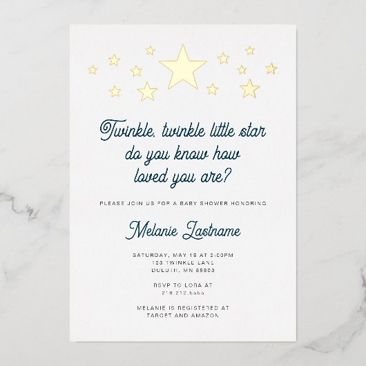 ホイルきらめく小さな星の赤ちゃんシャワー 箔招待状 (正面)