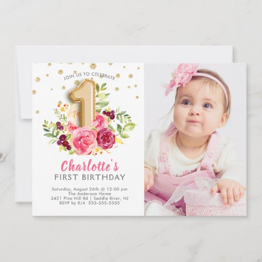 ホイルの気球の写真の最初誕生日の招待状 招待状 (正面)