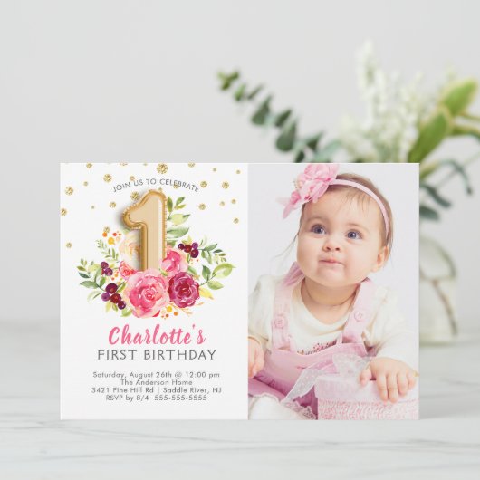 ホイルの気球の写真の最初誕生日の招待状 招待状 (スタンド正面)