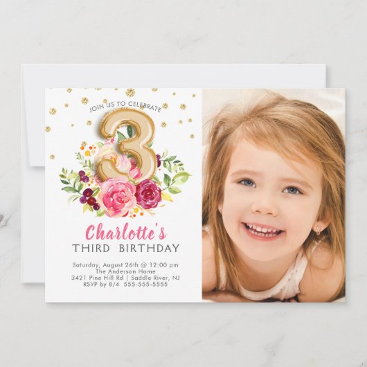 ホイルの気球の写真の第3誕生日の招待状 招待状 (正面)