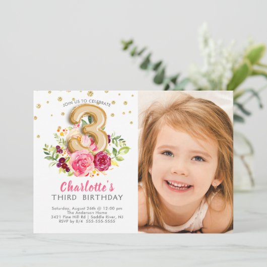 ホイルの気球の写真の第3誕生日の招待状 招待状 (スタンド正面)