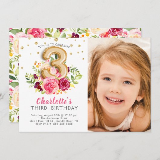 ホイルの気球の写真の第3誕生日の招待状 招待状 (正面/裏面)